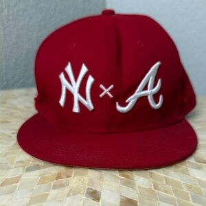 Red Baseball Cap with NY and Atlanta Braves Logos size 7 3/8